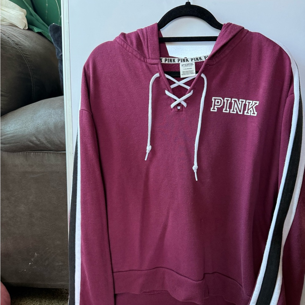 Pink Maroon Hoodie with White Stripes